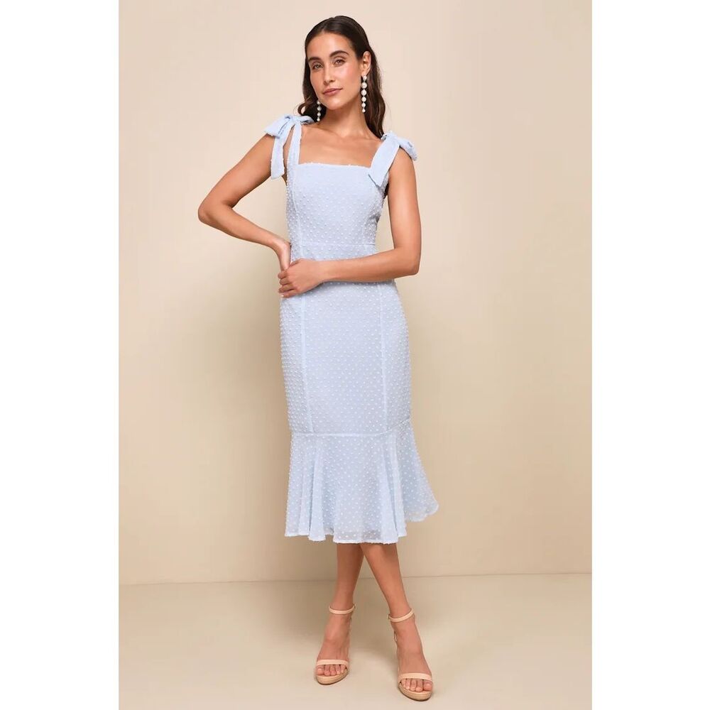 Lulus Bimini Periwinkle Blue Swiss Dot Tie-Strap Midi Dress Size M NWT